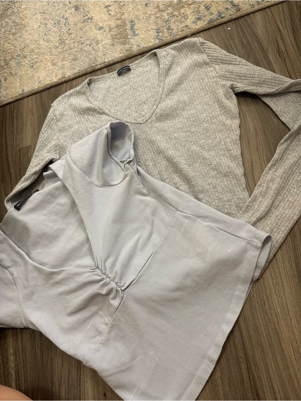 Brandy Melville Light Gray Ribbed V-Neck Long Sleeve Top